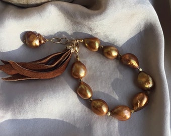 Gold Nugget Pearl Leather Bracelet/ Boho Rustic Tassel Bracelet