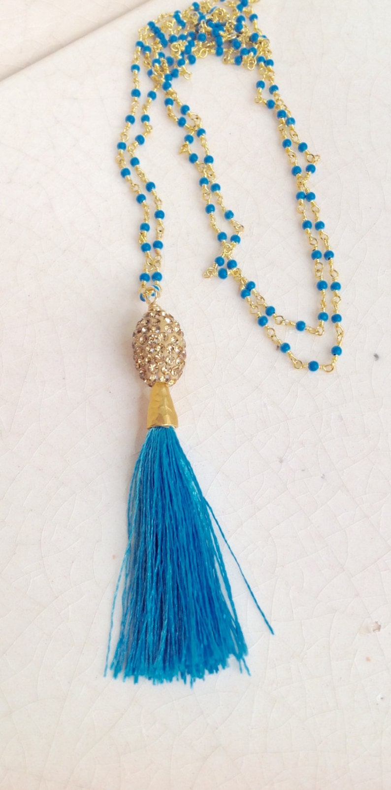 Turquoise Gold Tassel Necklace Pav\u00e9 Tassel Jewelry Resort Boho Necklace