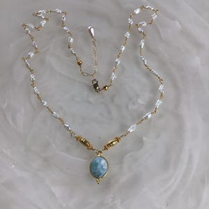 Pearl Chain Blue Stone Pendant/White Pearl Larimar Necklace