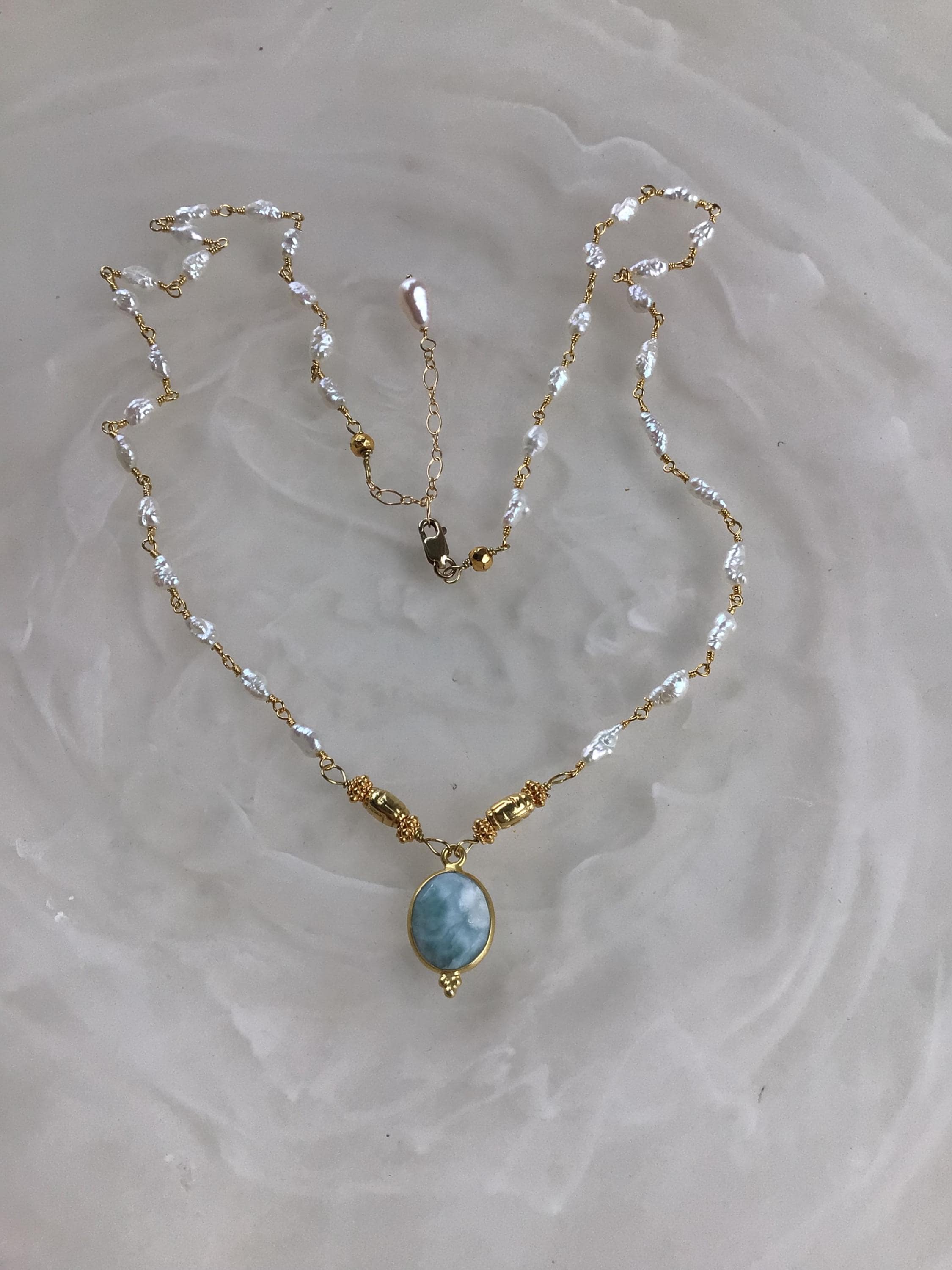 Pearl Chain Blue Stone Pendant/White Pearl Larimar Necklace