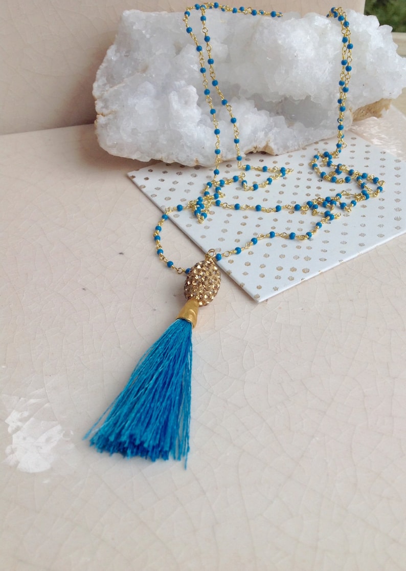 Turquoise Gold Tassel Necklace Pav\u00e9 Tassel Jewelry Resort Boho Necklace