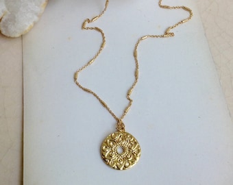 Gold Vermeil Disc Pendant Necklace: Boho Layering Medallion