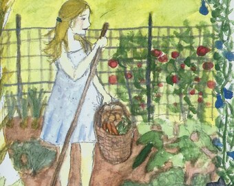 Girl in the vegetable garden card.