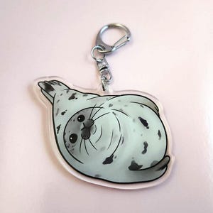 Op de afbeelding: Een doorzichtige acryl sleutelhanger met een cartoonillustratie van een ronde, licht mintgroene zeehond met donkergrijze vlekken, grote zwarte ogen en snorharen. De zeehond is bevestigd aan een zilverkleurige metalen karabijnhaak en ring.
