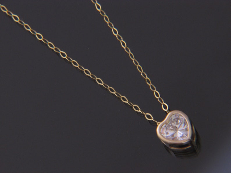 SOLID 14k Gold Heart Bezel Solitaire Pendant Necklace Chain - Etsy