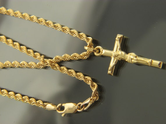 Real 14K Gold Rope Chain with Crucifix Cross Pendant Necklace All Lengths