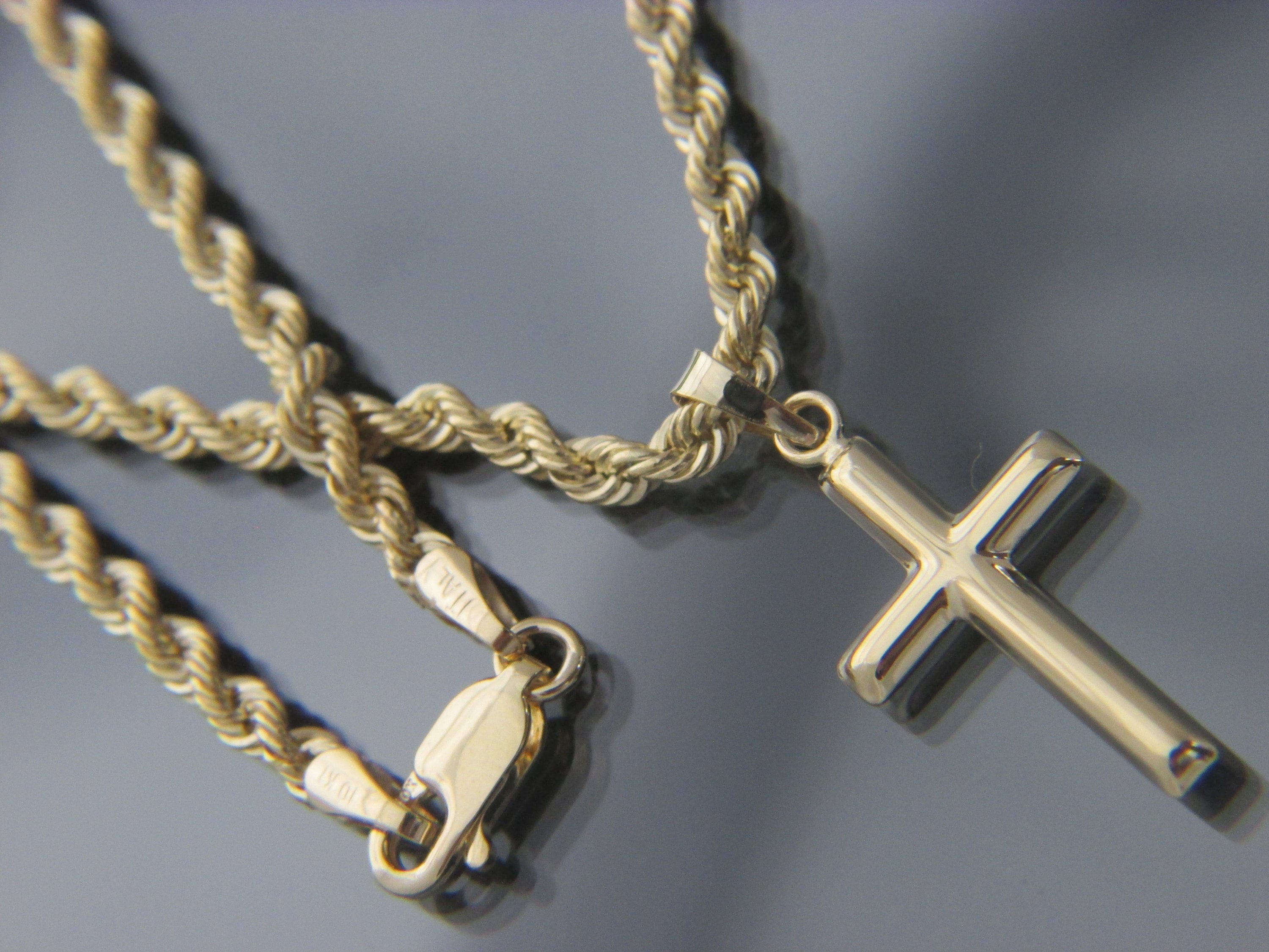 Real 10k Gold 3mm Rope & Cross Necklace Chain 16