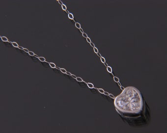 SOLID 14k  White gold Heart Bezel Solitaire Pendant  Necklace  chain 16",18",20" (WHOLESALE PRICE)