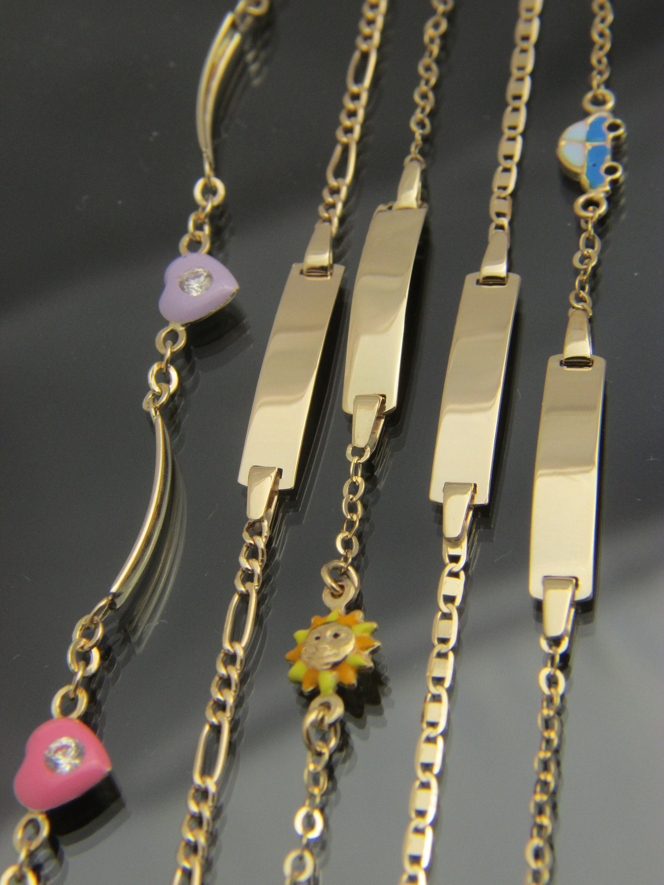 14k Gold Baby ID Bracelet, Valentino Figaro Car Sun & Heart Design