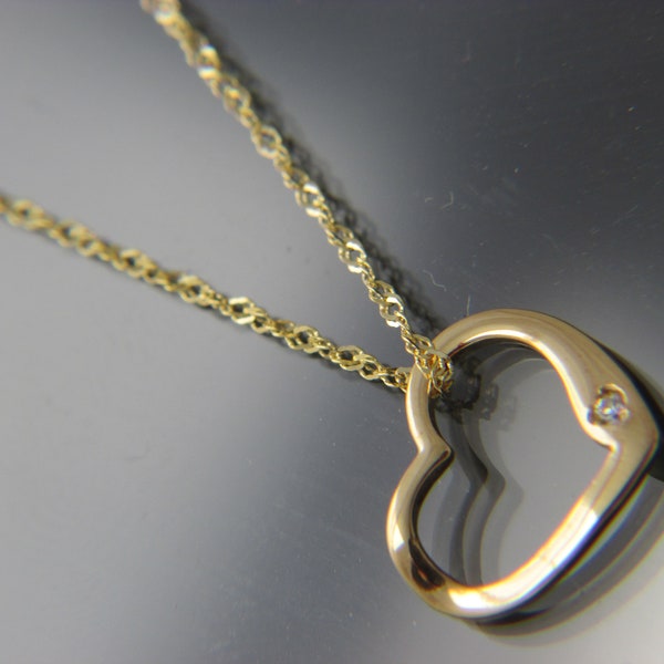 SOLID 14k gold Sliding Heart Pendant and Wave Chain Necklace chain Real 14kt gold