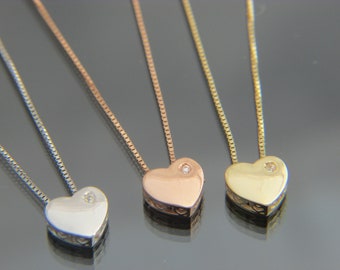 Solid 14k gold Box chain with Heart pendant necklace Real 14kt yellow gold , rose gold , white gold