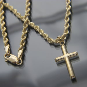Real 10k gold 3mm Rope & Cross necklace  chain 16&quot;,18&quot;,20&quot;,22&quot;,24&quot;