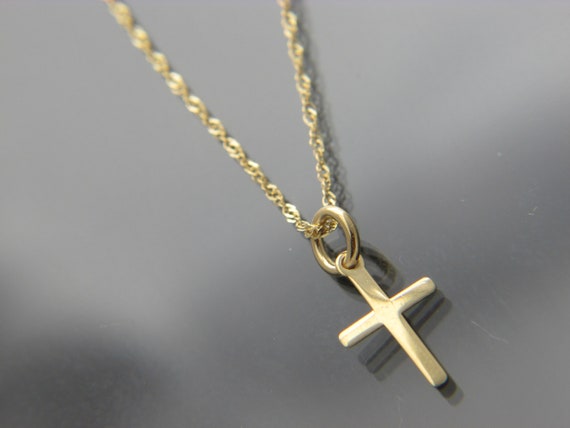 SOLID 10k Gold Wave Chain With Tiny Cross Pendant Necklace Chain