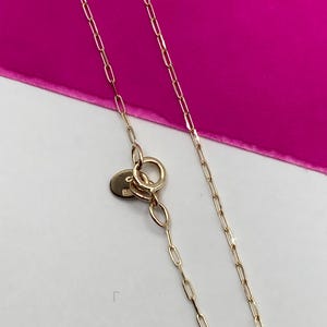 May include: Close-up of a delicate gold necklace with a small, round clasp and a chain of elongated links. The necklace is set against a bright pink background, creating a contrast that highlights the jewelry's details.