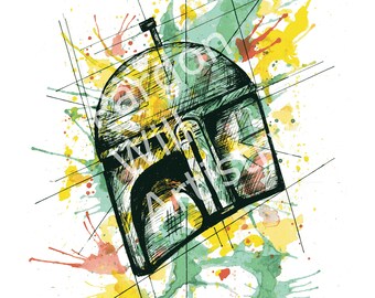Star Wars Boba Fett Helmet - Helm Series - Water Color and Ink Print
