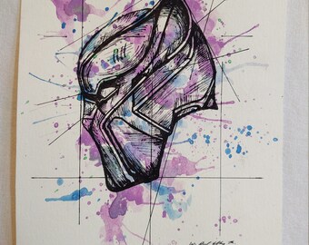 Black Panther Helmet - Helm Series - Water Color and Ink ORIGINAL WORK