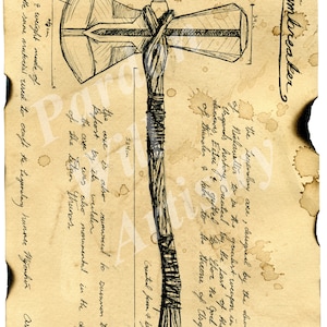 May include: A black and white illustration of a large axe called Stormbreaker. The axe is 83 cm long and has a wooden handle wrapped in leather. The text on the page describes the axe as a legendary weapon created by the last of the dwarves, Eitri, and gifted to Thor, the God of Thunder, for his throne in Asgard. The axe is also said to be monumental in the defeat of the Titan Thanos.