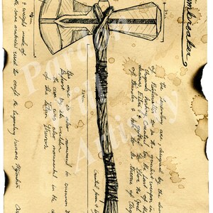 May include: A black and white illustration of a large axe called Stormbreaker. The axe is 83 cm long and has a wooden handle wrapped in leather. The text on the page describes the axe as a legendary weapon created by the last of the dwarves, Eitri, and gifted to Thor, the God of Thunder, for his throne in Asgard. The axe is also said to be monumental in the defeat of the Titan Thanos.