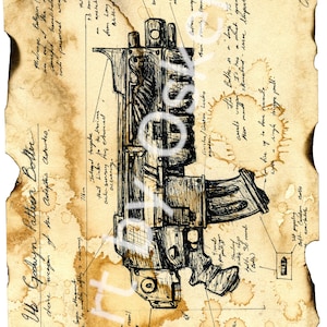 May include: A detailed line drawing of a futuristic weapon, the MK We Gochuyn Pattren Bolten, with text describing its features and specifications. The weapon is a large, complex firearm with a long barrel, a large magazine, and a variety of attachments.