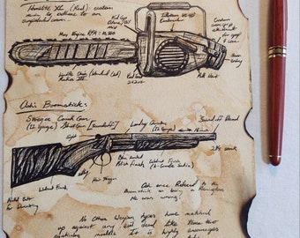 Ash Williams of Evil Dead Weapons Notes - Antique Journal Style ORIGINAL WORK