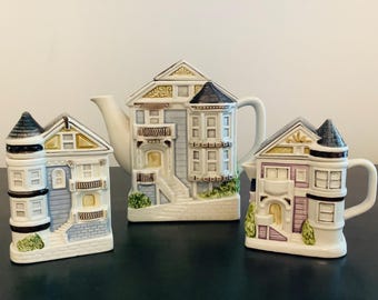 Otagiri Vintage viktorianisches Haus Teekanne Zucker und Milchkännchen Painted Lady S.F. 3er Set