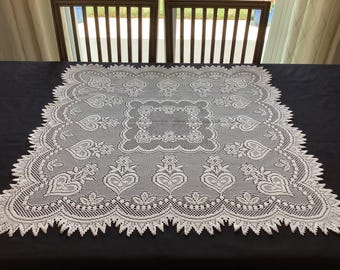 Vintage 36” Square Scalloped Polish Lace Tablecloth Table Topper Coquette Heart Grandma