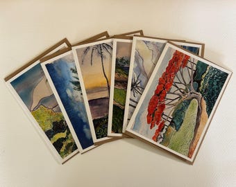 Blank greeting card set, 6 unique designs. Hawaiian Tropical watercolor landscape card set.  5x7 inch cards with envelopes