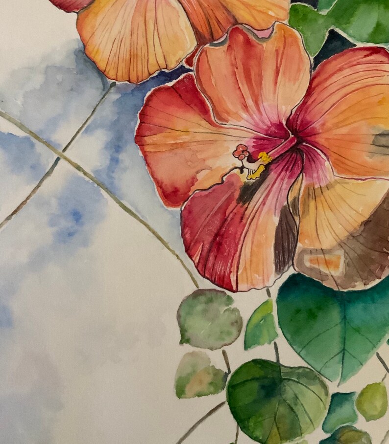 Art print of two Hibiscus flowers. Watercolor botanical art prints. Flower artwork. afbeelding 5