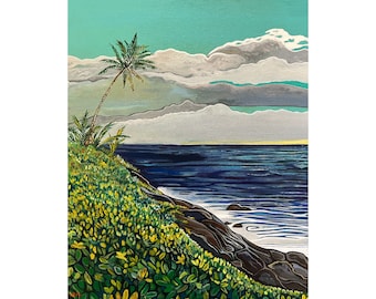 Art paper print of a rocky ocean shore with native hawaiian plants. Serene coastal artwork. Giclee print.