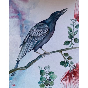 Watercolor art print of a native Hawaiian crow. Bird themed artwork. Endangered species art.
