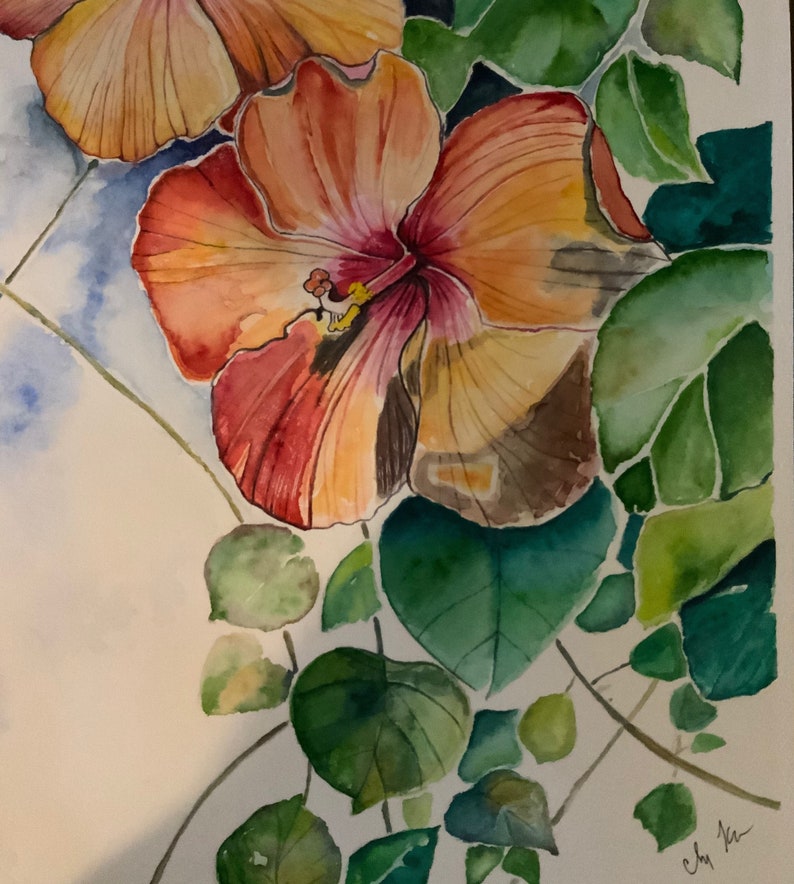 Op de afbeelding: Waterverf schilderij van een hibiscus bloem met oranje en rode bloemblaadjes. De bloem wordt omringd door groene bladeren.