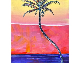 Art print of a colorful abstract style sunset and palm tree silhouette. Tropical island style beach art. Giclee print.