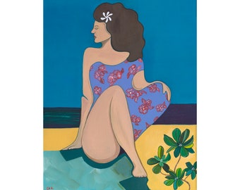 Art print of a women sitting on the beach. Abstract figurative artwork. Retro beachy art. Giclee print on fine art paper.