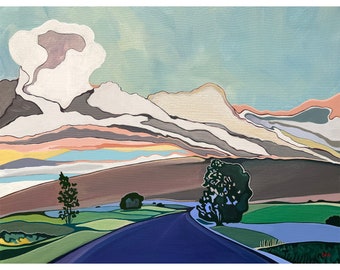Art paper print of a mountain road on Hawai’i island, with a view of Mauna Kea.  Modern landscape artwork. Giclee print.