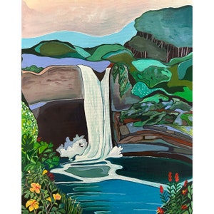 Hawaiian art print of Rainbow falls in Hilo, Hawaii on fine art paper. Waterfall themed artwork. Giclee print.