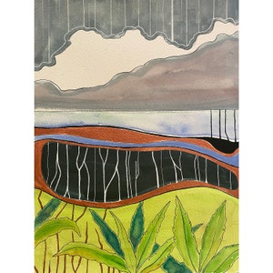 Original mixed media painting of an abstract geometric coastal landscape with a rainy sky and ferns. Hawaii art.  9x12 inch