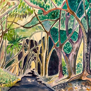 Watercolor art print of a winding forest path. Big Island, Hawaii. Giclee print. image 4