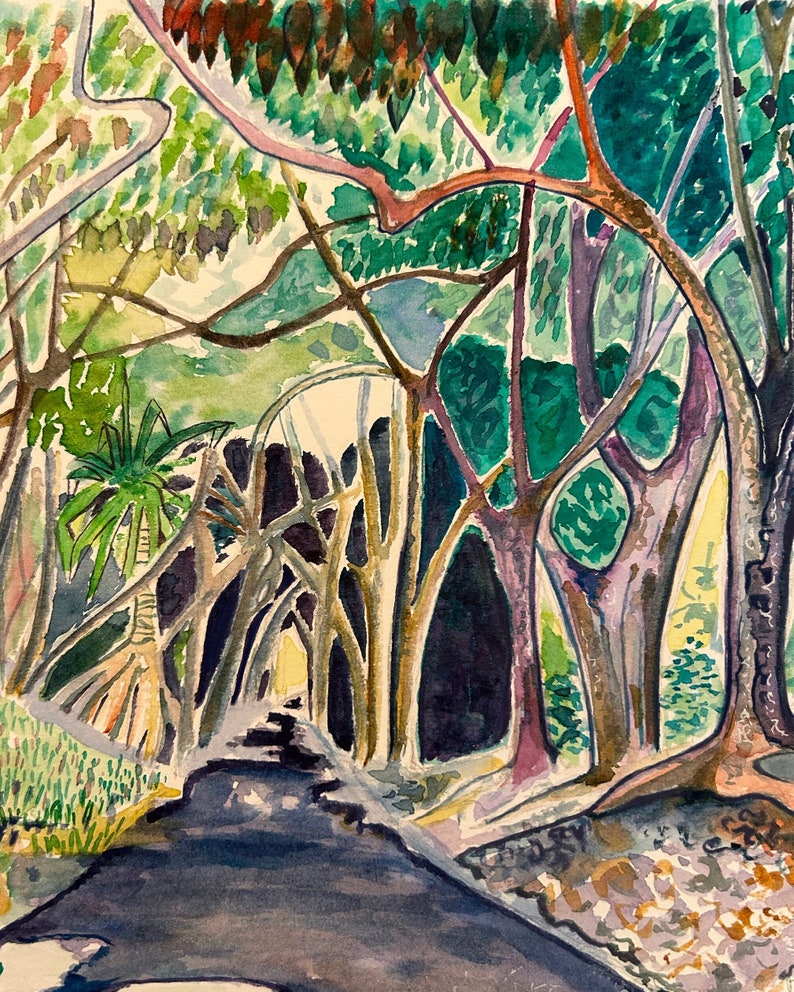 Watercolor art print of a winding forest path. Big Island, Hawaii. Giclee print. image 4