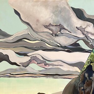 May include: An abstract painting featuring layered, flowing cloud-like shapes in shades of gray, beige, and soft pink against a pale mint green sky. A dark, textured rock formation with green and brown tones occupies the lower right corner.