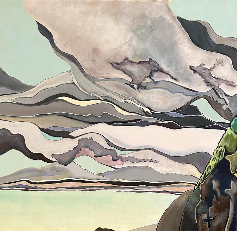 May include: An abstract painting featuring layered, flowing cloud-like shapes in shades of gray, beige, and soft pink against a pale mint green sky. A dark, textured rock formation with green and brown tones occupies the lower right corner.
