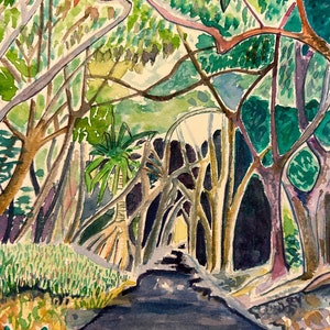 Watercolor art print of a winding forest path. Big Island, Hawaii. Giclee print. image 3