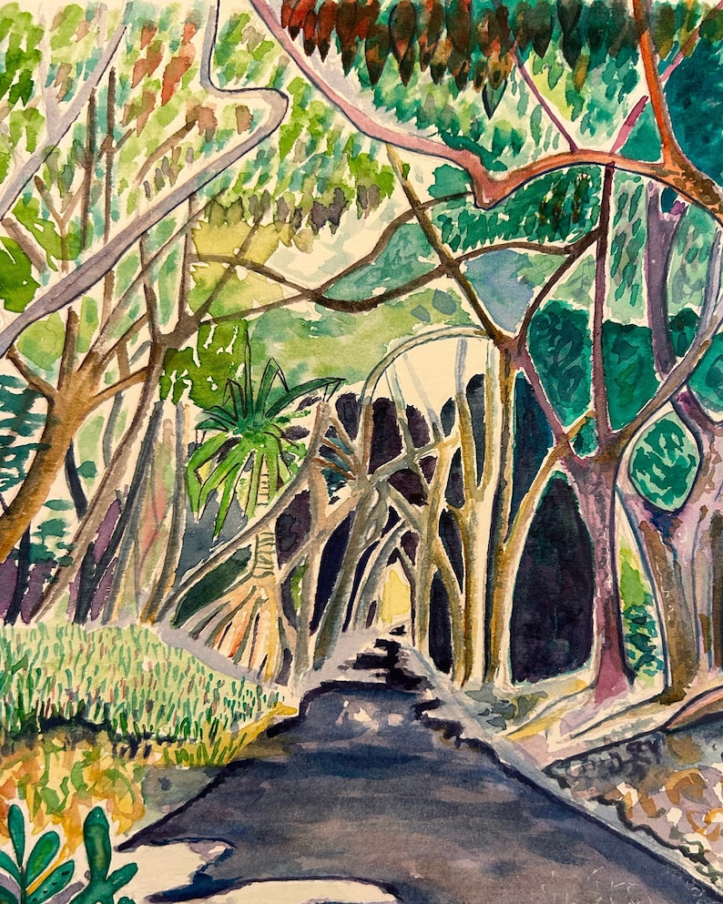 Watercolor art print of a winding forest path. Big Island, Hawaii. Giclee print. image 3