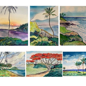 Blank greeting card set, 6 unique designs. Hawaiian Tropical watercolor landscape card set.  5x7 inch cards with envelopes