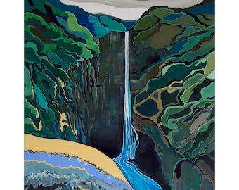 Akaka falls, a beautiful waterfall hidden in a lush Hawaiian landscape. Modern and contemporary artwork.