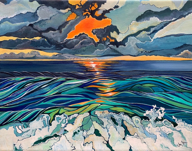 Art paper print of a bright orange ocean sunset. Bold colorful art prints. Giclee print. image 2