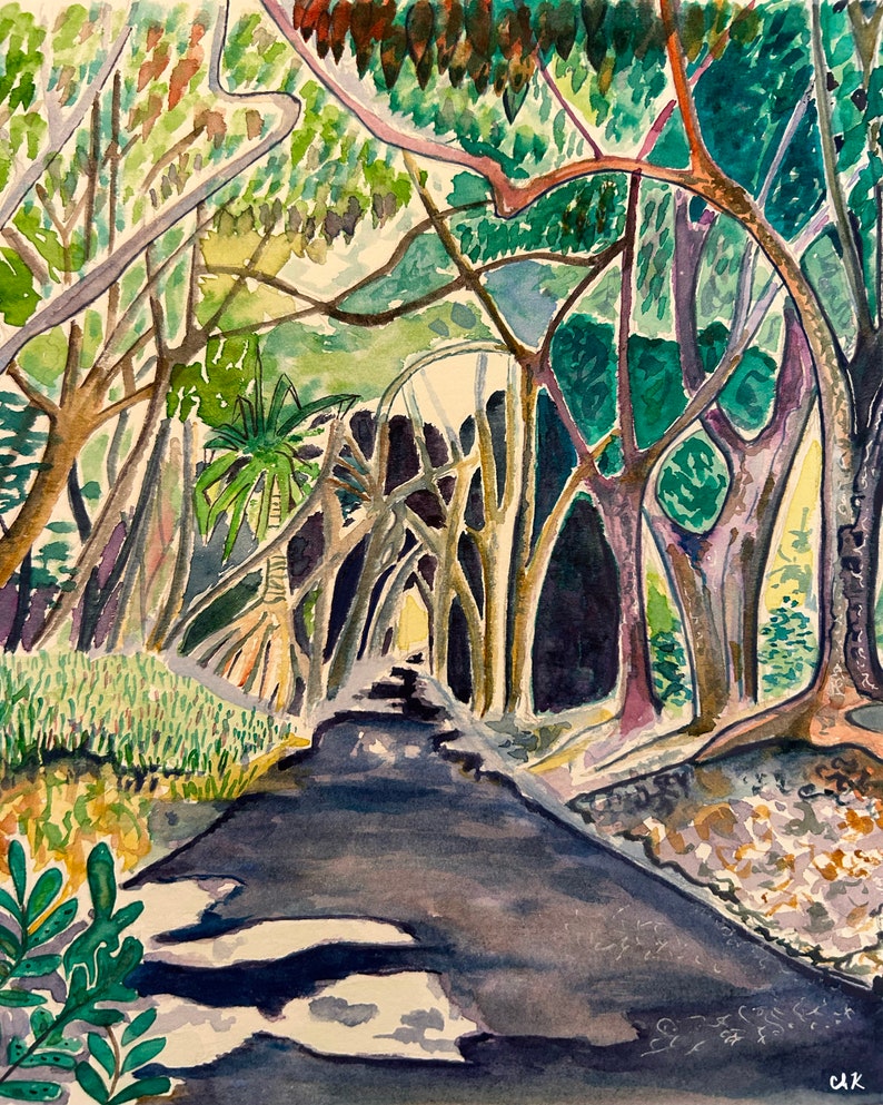 Watercolor art print of a winding forest path. Big Island, Hawaii. Giclee print. image 2