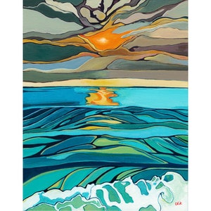 Art paper print of the ocean at sunset. Colorful beach wall art, printed on fine art paper. Giclee print.