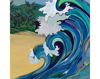 Canvas art print of a big breaking wave on sunset beach, Oahu. Hawaii surf and beach art.