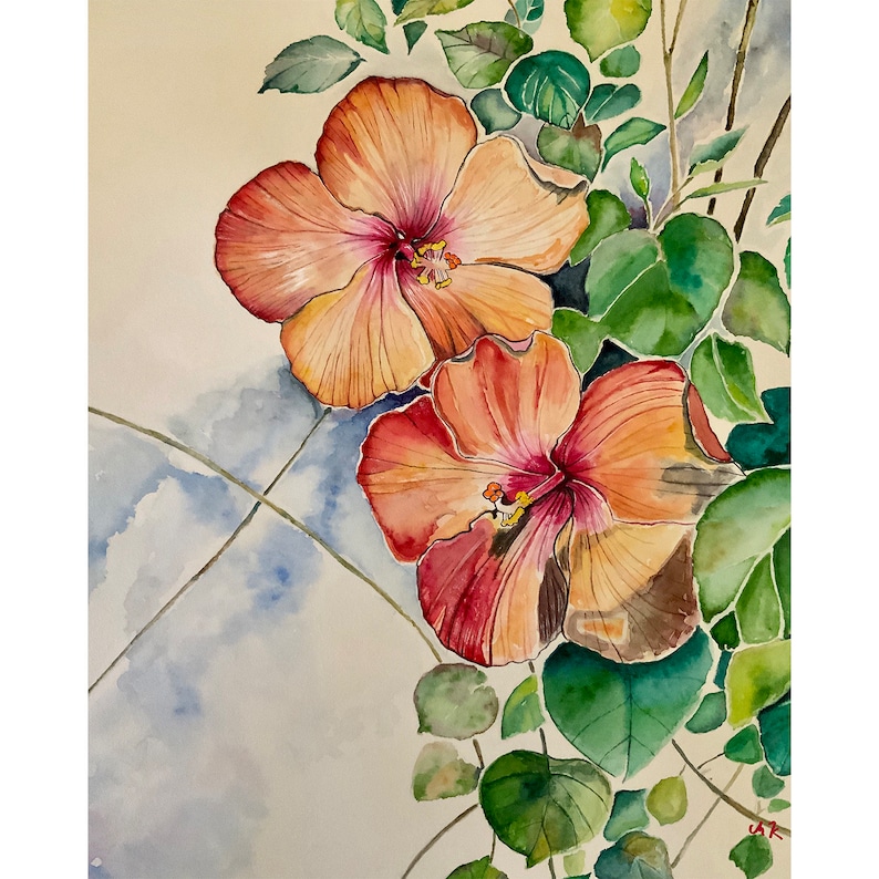 Art print of two Hibiscus flowers. Watercolor botanical art prints. Flower artwork. afbeelding 1