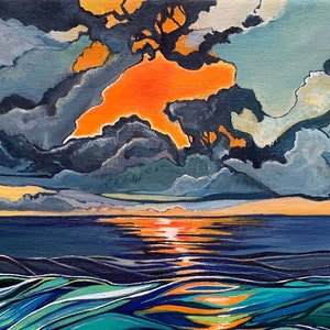 Art paper print of a bright orange ocean sunset. Bold colorful art prints. Giclee print. image 3